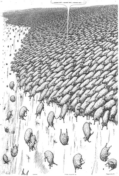 le poster des moutons qui tombent de la falaise, un seul remonte la masse